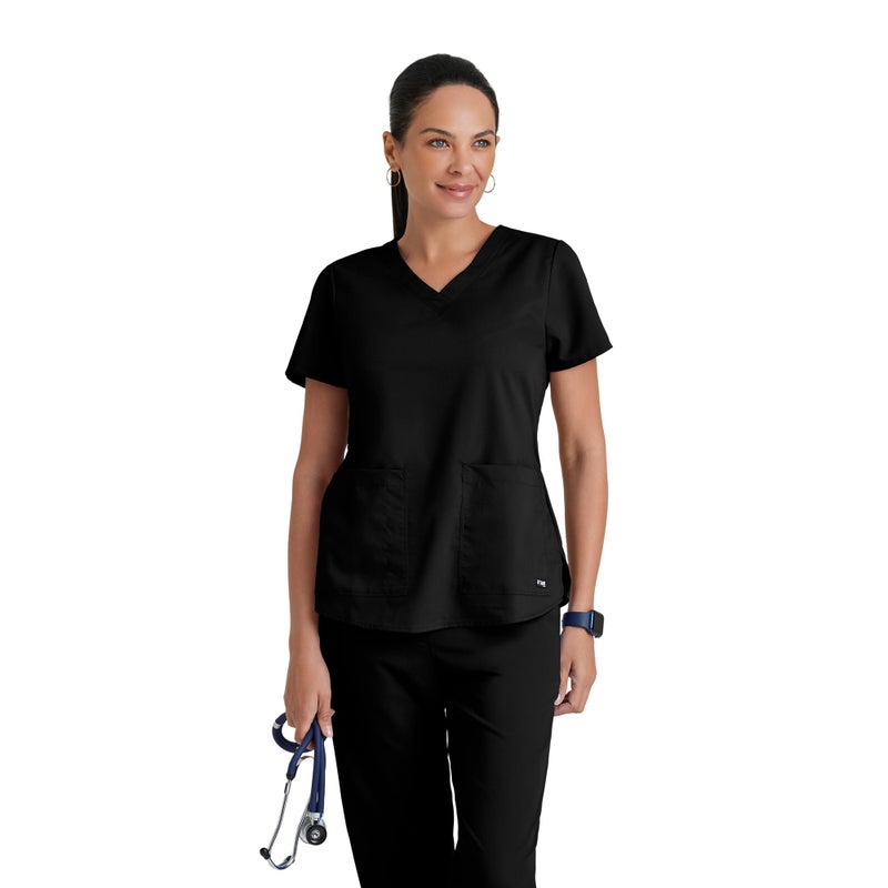 Barco Grey's Anatomy Women's Two Pocket V-Neck Scrub Top with Shirring Back, Black, Small - Image 1